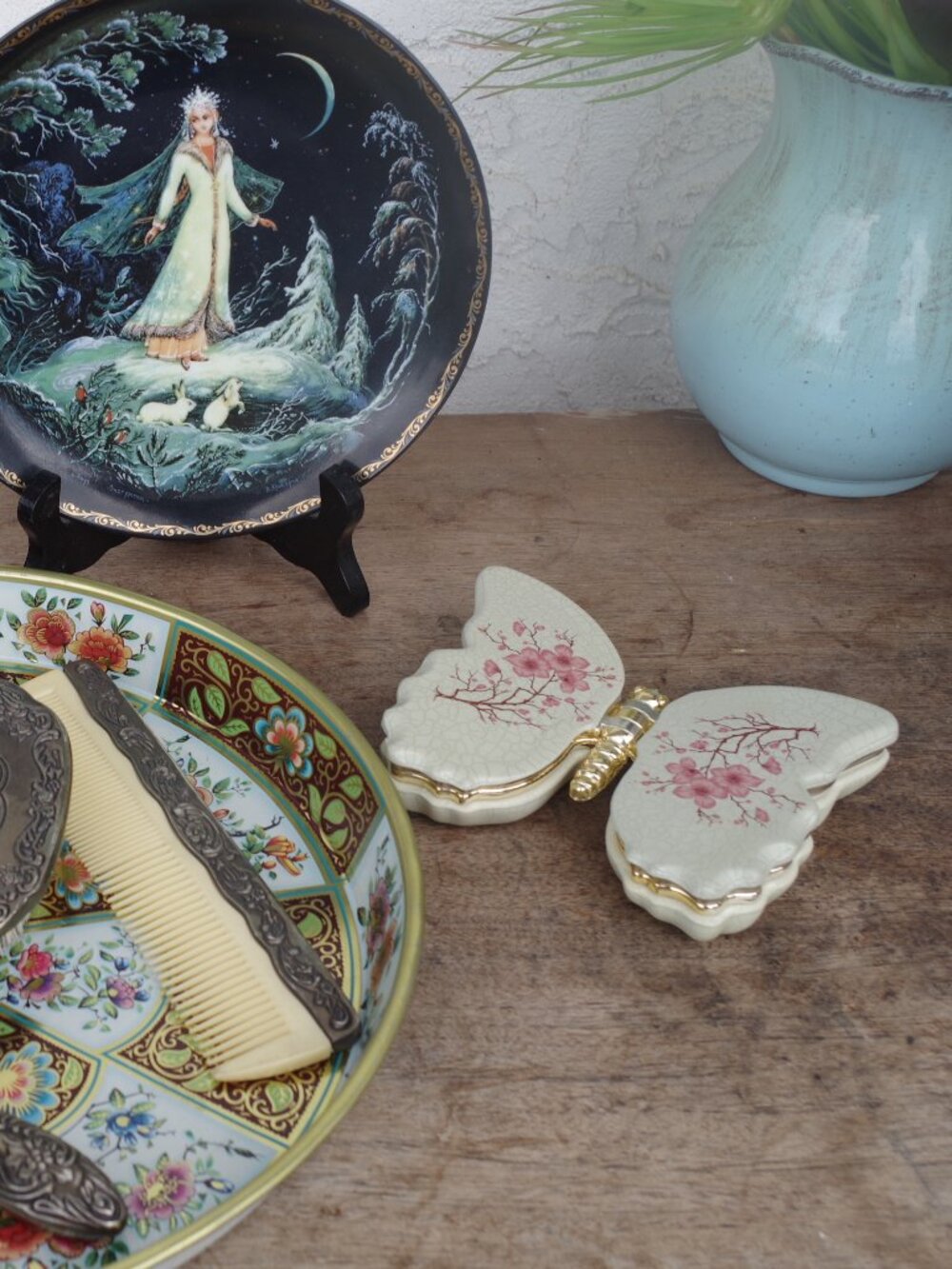 Mystical Cream Colored Butterfly Jewelry Dish Features A Delicate Cherry Blossom